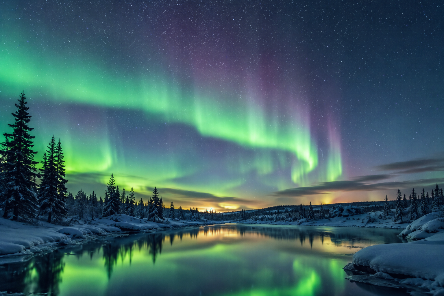 Aurora over a Nordic winter landscape